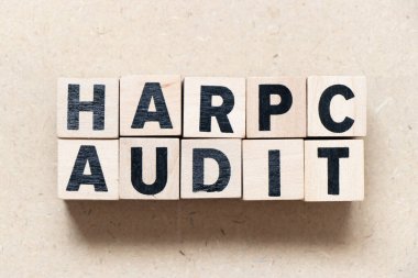 Alphabet letter block in word HARPC (Hazard analysis and risk-based preventive controls) audit on wood background