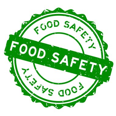 Grunge green food safety word round rubber seal stamp on white background