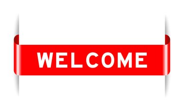 Red color inserted label banner with word welcome on white background
