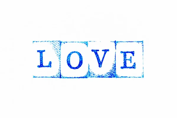 Blue Color Ink Rubber Stamp Word Love White Paper Background — Photo