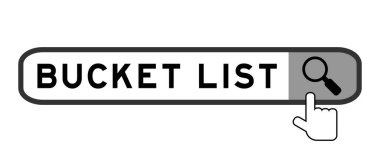 Search banner in word bucket list with hand over magnifier icon on white background