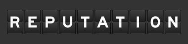 Black color analog flip board with word reputation on gray background
