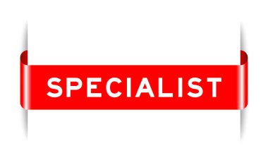Red color inserted label banner with word specialist on white background