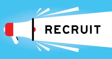 Color megaphone icon with word recruit in white banner on blue background