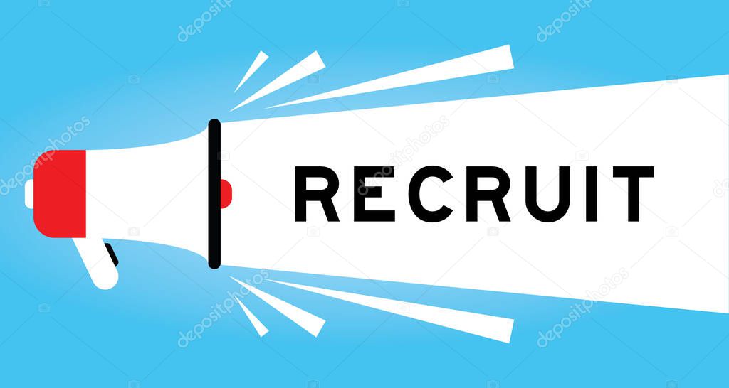 Color megaphone icon with word recruit in white banner on blue background