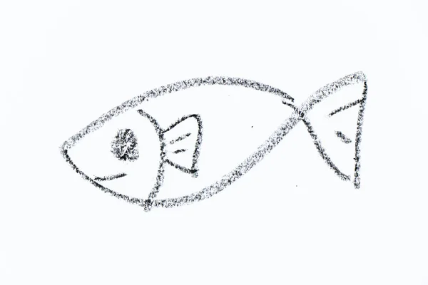 Black Color Crayon Hand Drawing Fish Shape White Paper Background — Zdjęcie stockowe