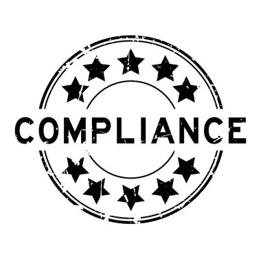 Grunge black compliance word with star icon round rubber seal stamp on white background