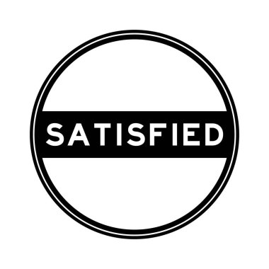 Black color round seal sticker in word satisfied on white background