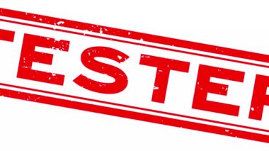 Grunge kırmızı test edici kelime kare kauçuk mühür beyaz arkaplanda yakınlaştır