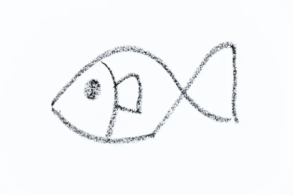 Black Color Crayon Hand Drawing Fish Shape White Paper Background — Stok Foto