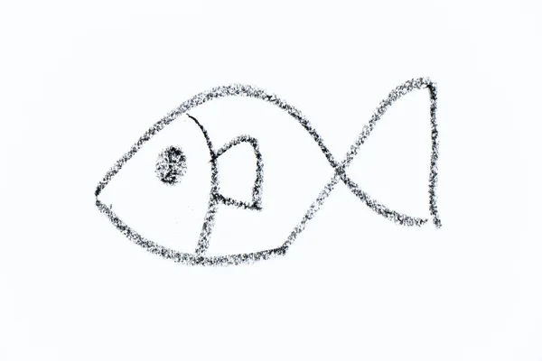 Black Color Crayon Hand Drawing Fish Shape White Paper Background — Foto de Stock