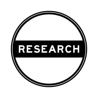 Black color round seal sticker in word research on white background
