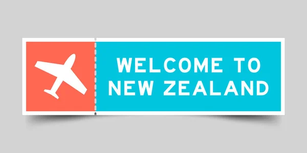 Orange Blue Color Ticket Plane Icon Word Welcome New Zealand — Vetor de Stock