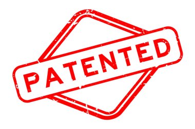 Grunge red patented word rubber seal stamp on white background