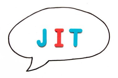 Alphabet letter with word JIT (abbreviation of just in time) in black line hand drawing as bubble speech on white board background