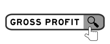 Search banner in word gross profit with hand over magnifier icon on white background
