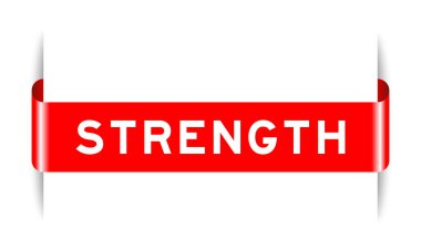 Red color inserted label banner with word strength on white background