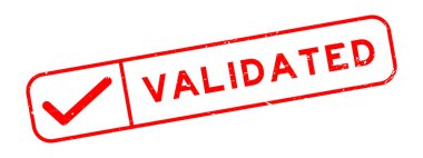 Grunge red validated word with right check mark icon square rubber seal stamp on white background