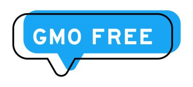Speech banner and blue shade with word GMO (abbreviation of Genetically Modified Organisms) free on white background