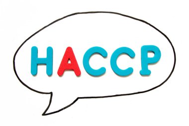 Alphabet letter with word HACCP (Hazard Analysis Critical Control Points) in black line hand drawing as bubble speech on white board background