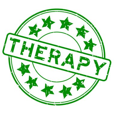 Grunge green therapy word with star icon round rubber seal stamp on white background