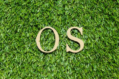 Wood alphabet letter in word OS (Abbreviation of Operating system) on green grass background
