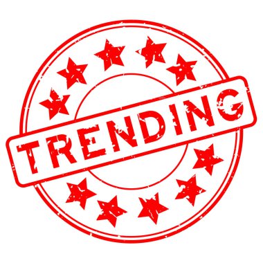 Grunge red trending word with star icon round rubber seal stamp on white background
