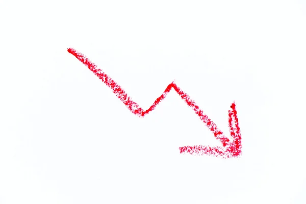 Dibujo Mano Pastel Aceite Color Rojo Forma Flecha Tendencia Descendente — Foto de Stock