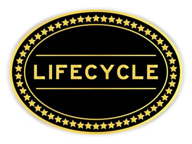 Siyah ve altın renkli yuvarlak etiket beyaz arkaplanda kelime yaşam döngüsü etiketi