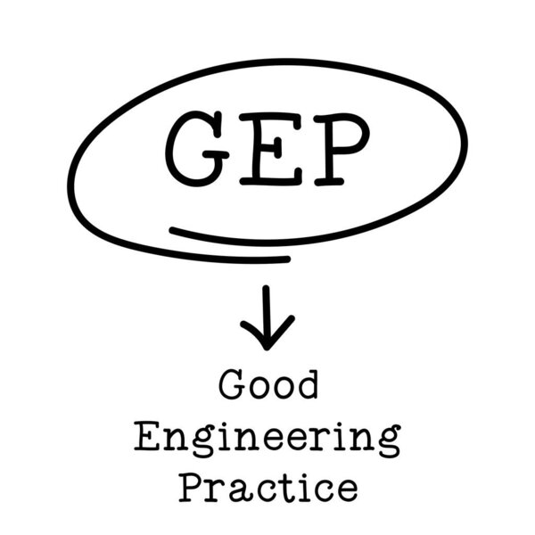 Письмо аббревиатуры GEP в кругу и слово хорошая инженерная практика на белом фоне