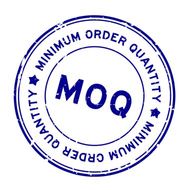 Grunge mavi MOQ Minimum Düzen Kelime yuvarlak lastik mühür beyaz arkaplan