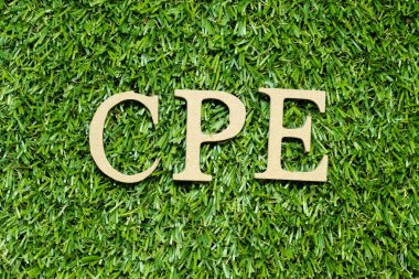 Kelime olarak ahşap alfabe harfi (mesleki eğitimin devamlılığının kısaltması, müşteri tesisleri ekipmanı veya nişan başına maliyet) yeşil çimen arka planında)