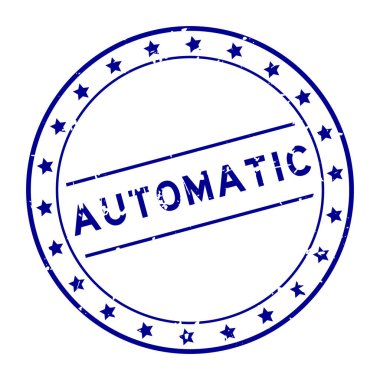 Grunge mavi otomatik kelime yuvarlak lastik mühür beyaz arka planda