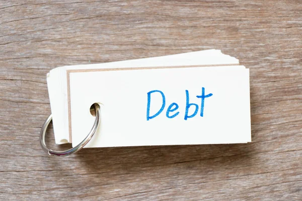 Flash Card Handwriting Word Debt Wood Background — Stock Photo, Image