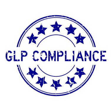 Grunge blue GLP (İyi laboratuvar uygulamasının kısaltması) beyaz arkaplanda yıldız simgesi yuvarlak lastik mühür ile uyumlu kelime