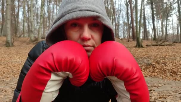 Young Charming Girl Tracksuit Hood Her Head Red Boxing Gloves — Stock Video