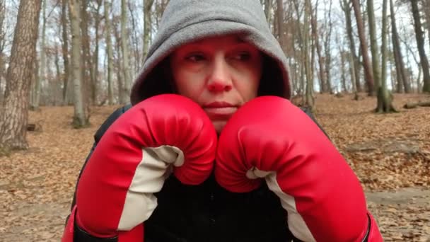 秋の森の中で自然の中で女子ボクシングの練習をした後 若い魅力的な女性は 彼女の頭の上にフード付きのトラックスーツで 赤いボクシングの手袋で 休んでいます — ストック動画