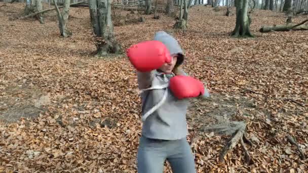 Ung Vacker Kvinna Boxare Träningsoverall Med Huva Huvudet Röda Boxningshandskar — Stockvideo