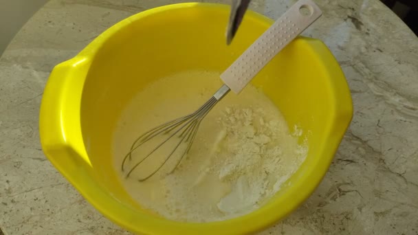 Chef Prepares Flour Pancake Dough Hand Whisking Yellow Bowl Whisk — Stock Video