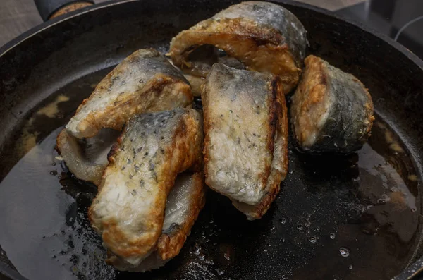 Cozinheiro Frita Peixe Carpa Uma Panela Ato Fritar Fogão Indução — Fotografia de Stock