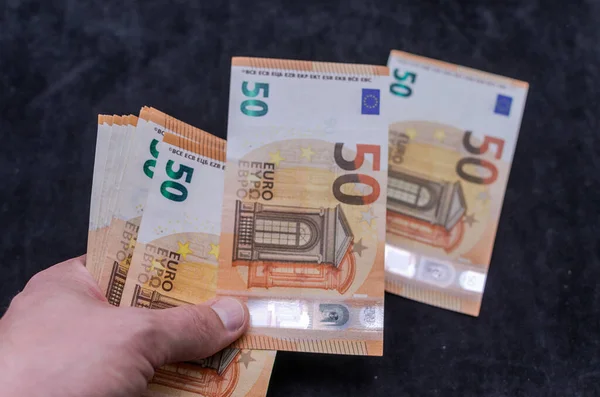 Man Counts Money Euro Banknotes Face Value Euros — Foto de Stock