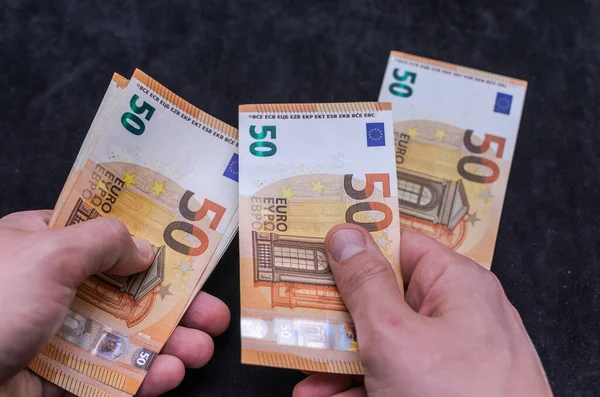 Man Counts Money Euro Banknotes Face Value Euros — Foto de Stock