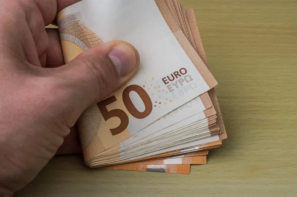 Man Counts Money Euro Banknotes Face Value Euros — Foto de Stock