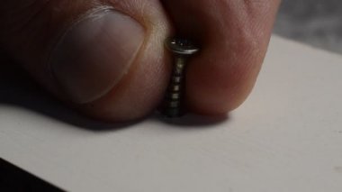 The master twists a screw into a wooden plank with a screwdriver
