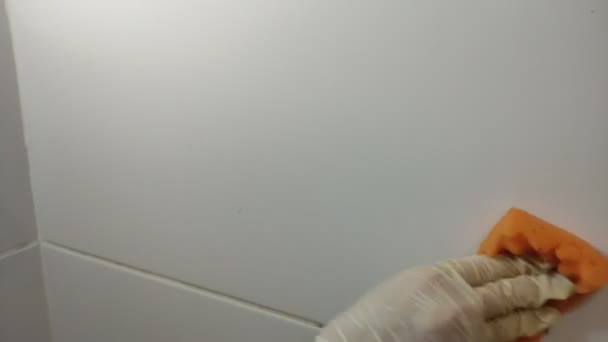 Dłoń Gospodyni Myje Płytki Ceramiczne Łazience Myjką Chemikaliami Gospodarczymi — Wideo stockowe