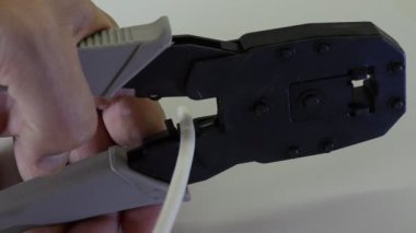 Bilgisayar ustası, internet kablosu UTP 5 8P8C için RJ-45 'i bağlar ve sıkıştırır.