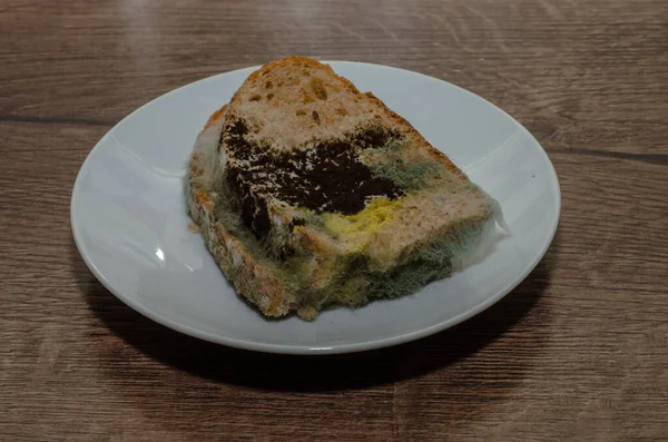 Muf Brood Bedekt Met Zwarte Schimmel Een Witte Schotel — Stockfoto