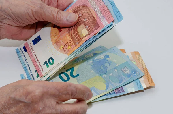 Elderly Woman Hands Holding Euro Banknote Money Isolated White Background — Foto Stock