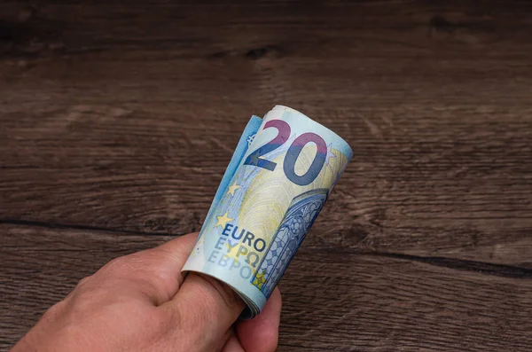 Man Holding Euro Banknote Money His Hands — Foto de Stock