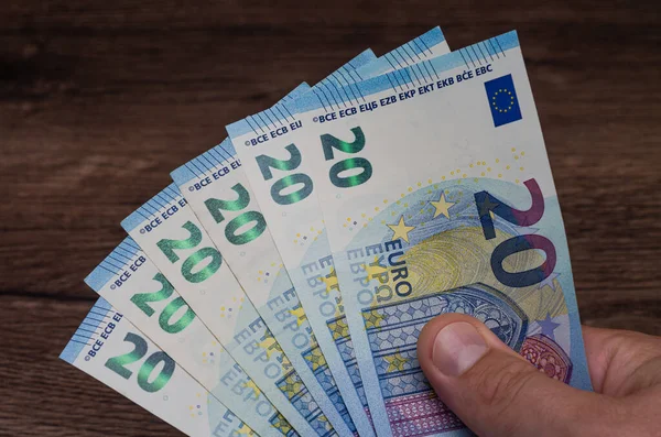 Man Holding Euro Banknote Money His Hands Stockbild